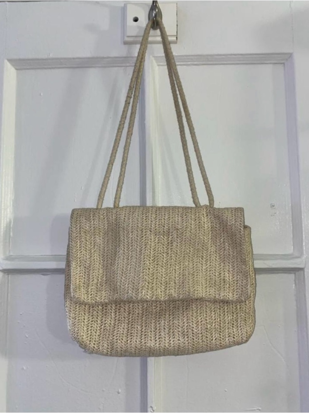 Woven Fold-Over Shoulder Bag in Beige - Women's Casual Straw Tote